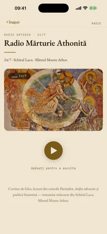 Playerul Radio Mărturie Athonită din aplicația Ortodoxia